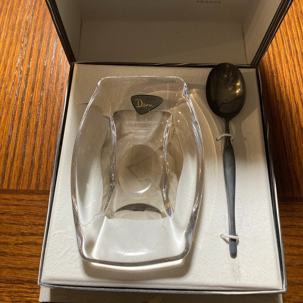 Daum France Crystal Salt Cellar or Sugar Bowl with Spoon